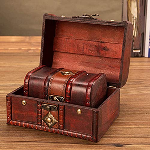 Antique Wooden Jewelry Storage Trunk Box With Metal Lock P554
