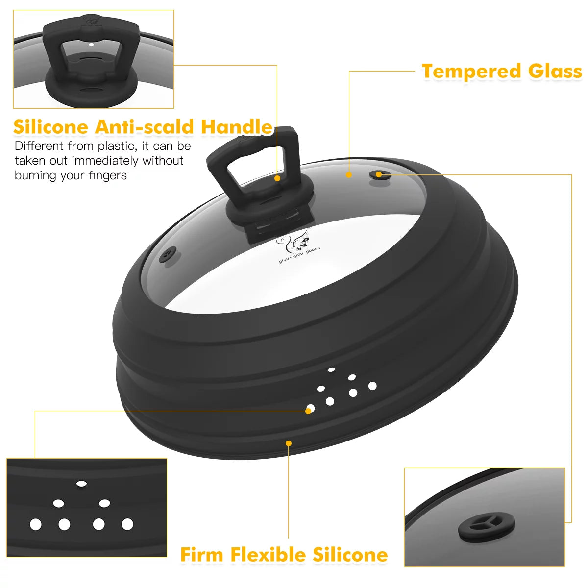 11.8 inch Vented Glass Microwave Splatter Cover with Collapsible Silicone, Black F5350