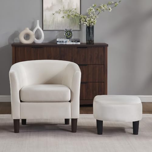 White Velvet Accent Barrel Chair with Ottoman M731