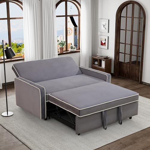 Grey 3 in 1 Convertible Sleeper Sofa with Pullout Bed Flannel 2 Seater Futon Loveseat Couch Bed F217160