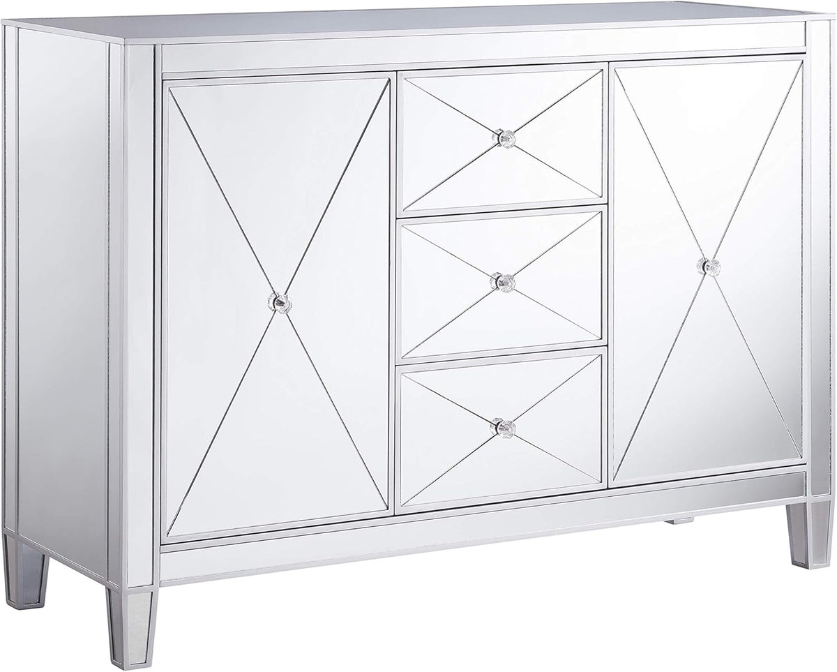Mirrored 3 Drawers Cabinet with Faux Crystal Knobs and Matte Silver Trim T869