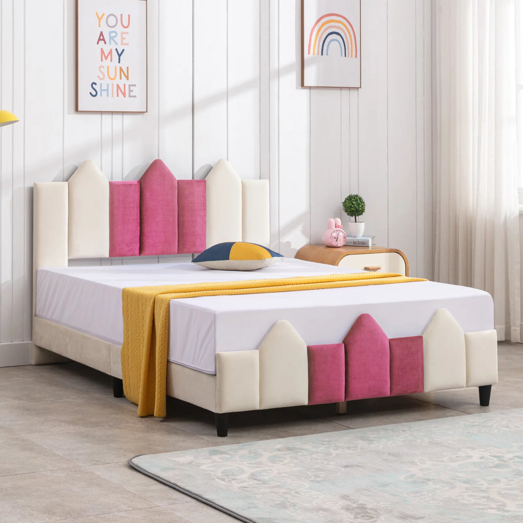 Pink and White Upholstered Twin Platform Bed Frame with Headboard N795036