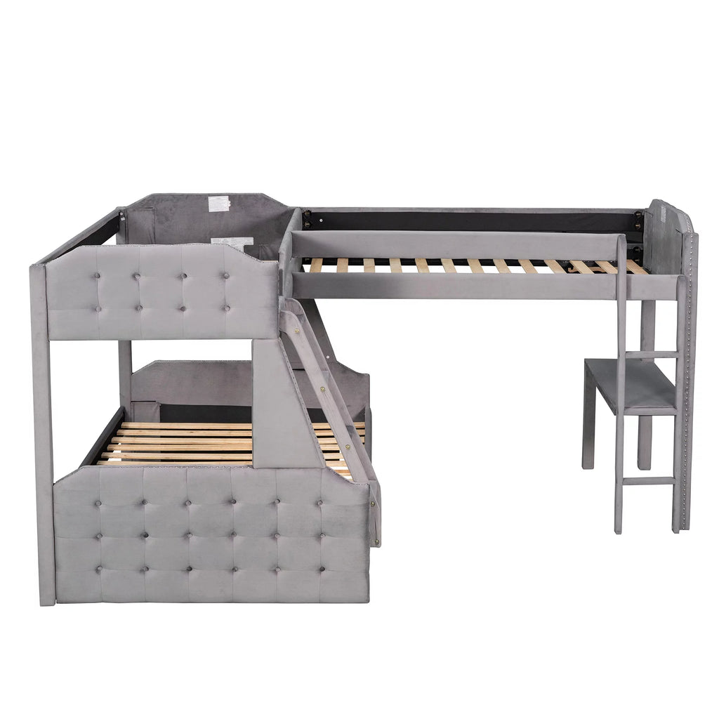 Gray Twin over Full Upholstered Bunk Bed with Desk Y82393
