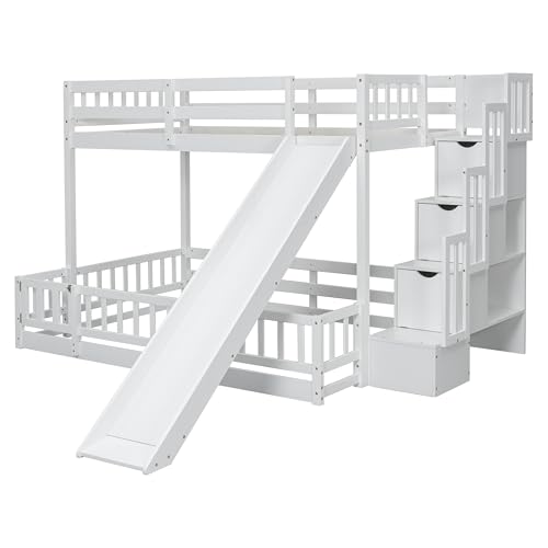 White Twin Over Full Bunk Bed with Slide and Storage Staircase I2752