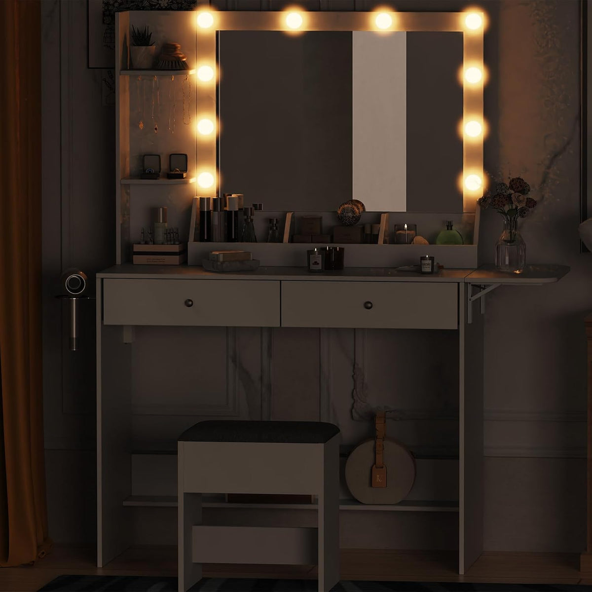 White Makeup Vanity Desk with Lights and Charging Station, 2 Drawers & Cushioned Stool L439226