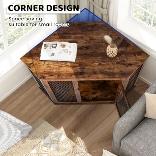 Corner Dog Crate Furniture, 44/52inch Wooden Dog Kennel with Metal Mesh G1738