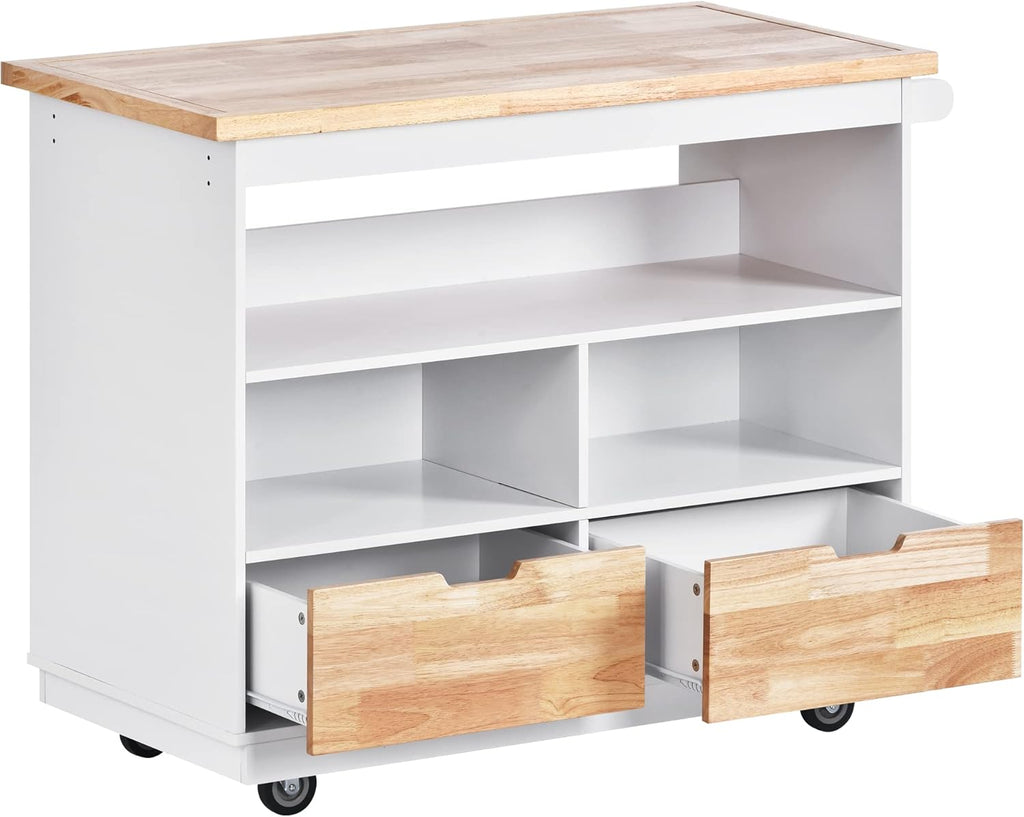White Rolling Kitchen Island with RubberWood Top, 2 Drawers N794