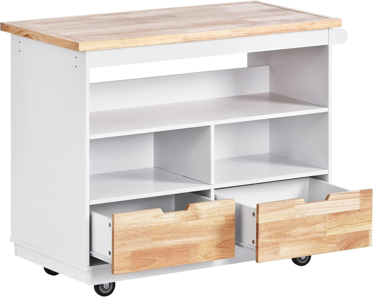 White Rolling Kitchen Island with RubberWood Top, 2 Drawers N794