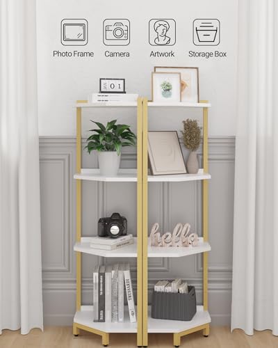 4-Tier White Corner Shelf with Metal Frame I254