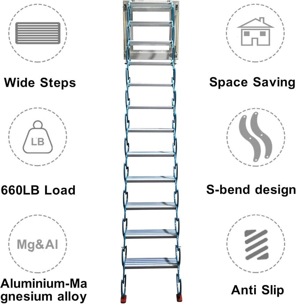 Blue 9.8ft Al-Mg Alloy Folding Attic Ladder with Armrests H47354