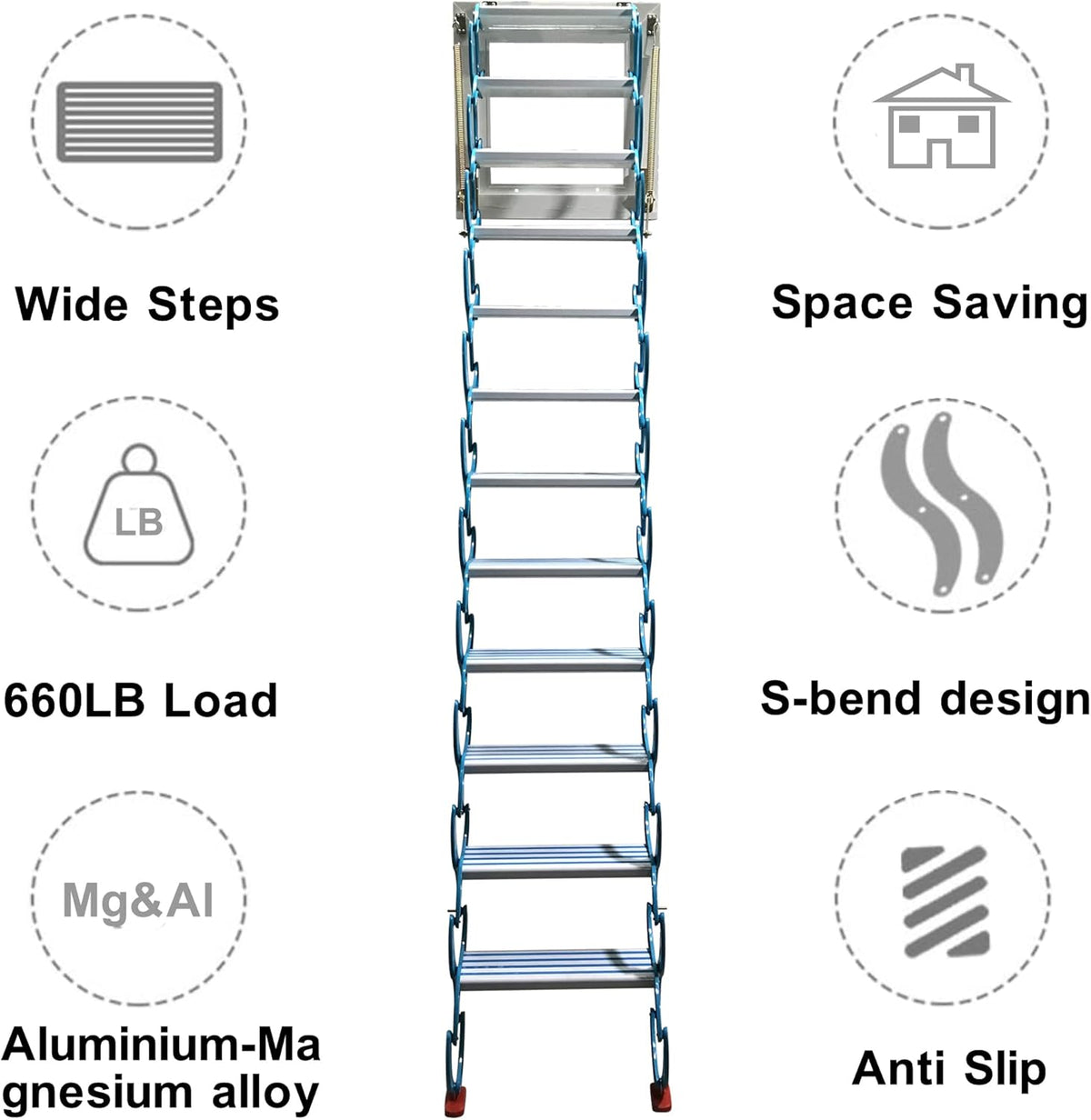 Blue 9.8ft Al-Mg Alloy Folding Attic Ladder with Armrests H47354