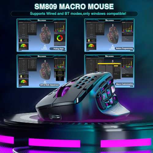 Black Wireless MMO Gaming Mouse with 9 Side Buttons, 24000 DPI, Triple Connectivity, RGB A647