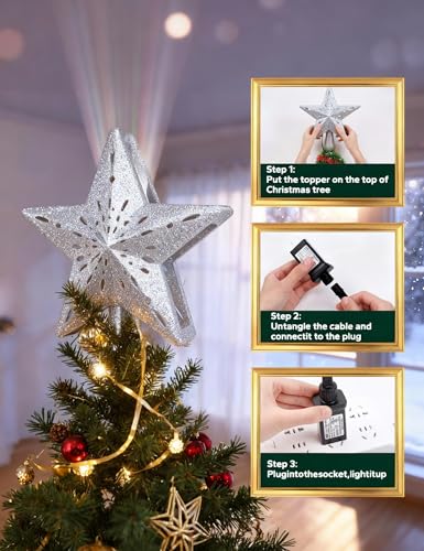 3D Hollow Sparkling Star Christmas Tree Topper with Rotating Projector T260