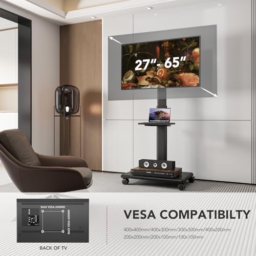 Portable Rolling Floor TV Stand with Wheels, Height Adjustable for 27 to 65 Inch TVs E158