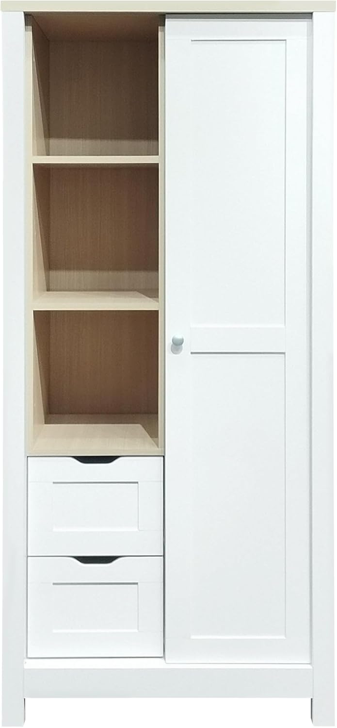 White Freestanding Wooden Armoire Wardrobe with 1 Sliding Door and 2 Drawers R690851