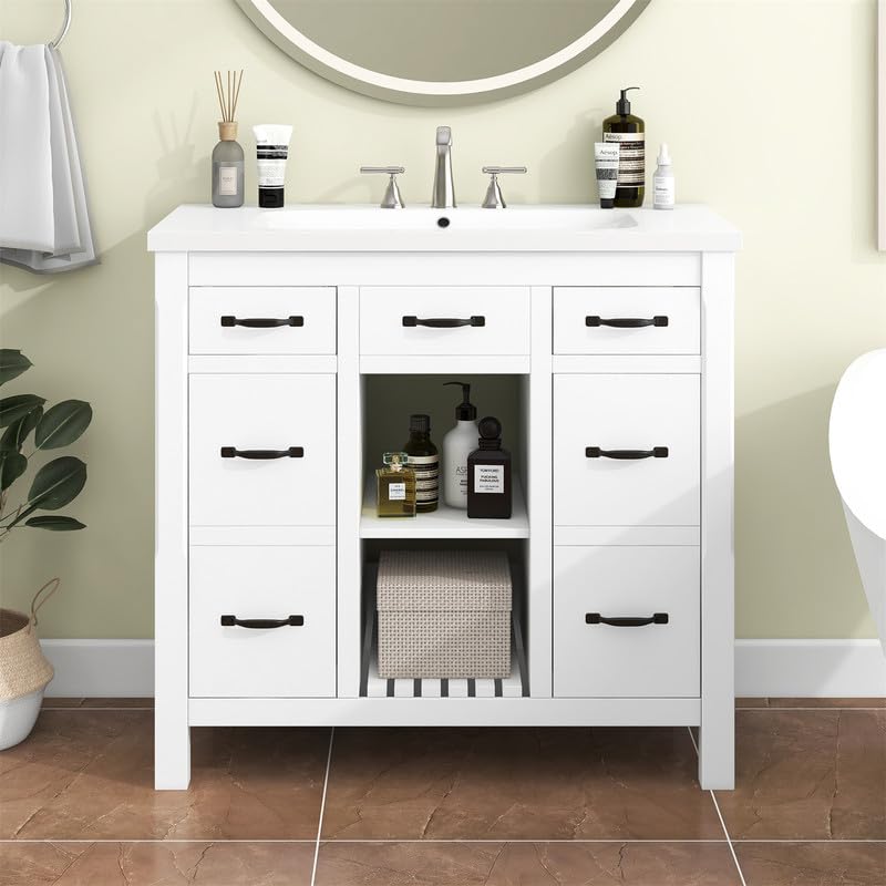 White 36 inch Bathroom Vanity with Sink and 3 Drawers Y81845