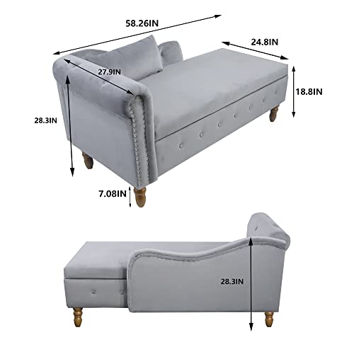 Gray Velvet Upholstered Lounge Chair with Storage and Pillow K176