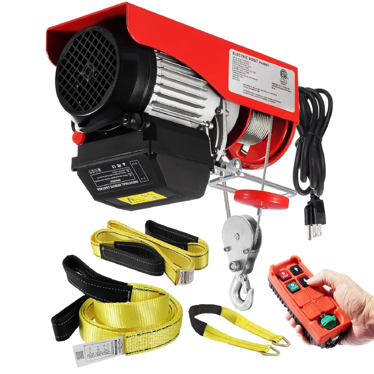 440lbs Electric Cable Hoist Wireless Remote Control 120V Overhead Winch with Towing Strap Sling 38ft Lifting Height O1789