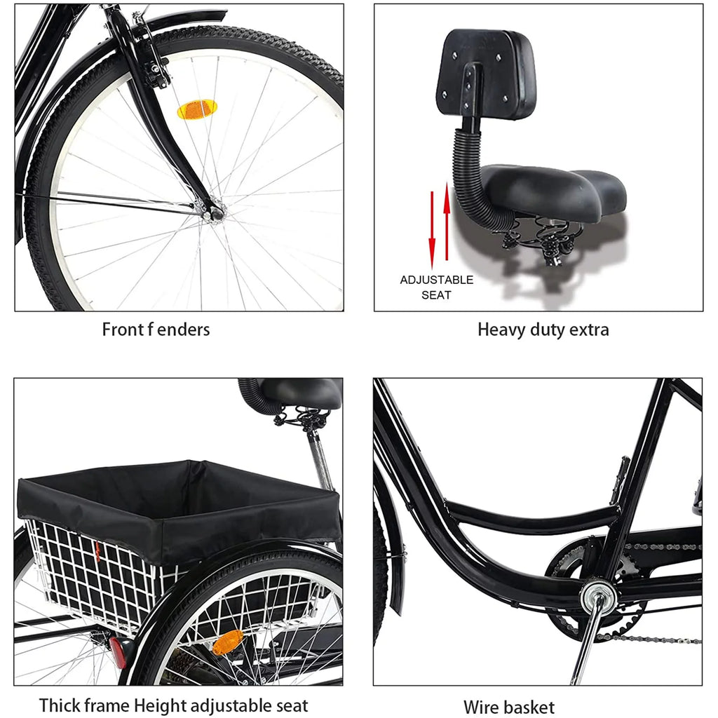 26 Inch 7-Speed 3-Wheel Bike (Black) Q109