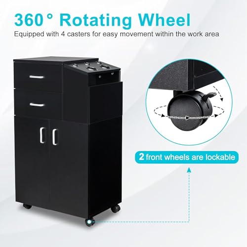 White Rolling Salon Trolley Cart with 5 Hair Dryer Holders, 2 Drawers, 1 Large Cabinet R9334