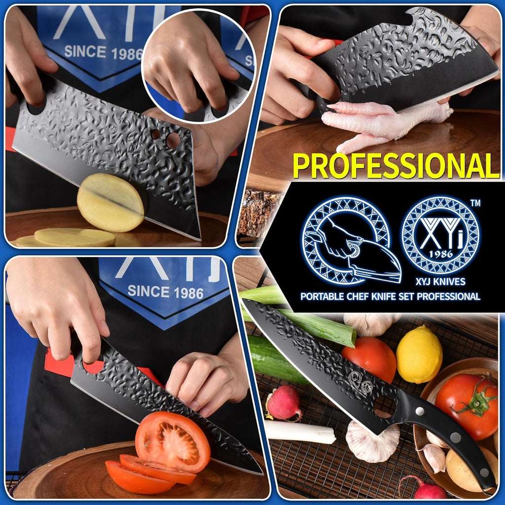 Professional Kitchen Knife Set with High-Carbon Steel Forged Blades, Chef's Knife, Cleaver, Carving Knife, Nakiri, Includes Carrying Bag & Poultry Scissors X8898