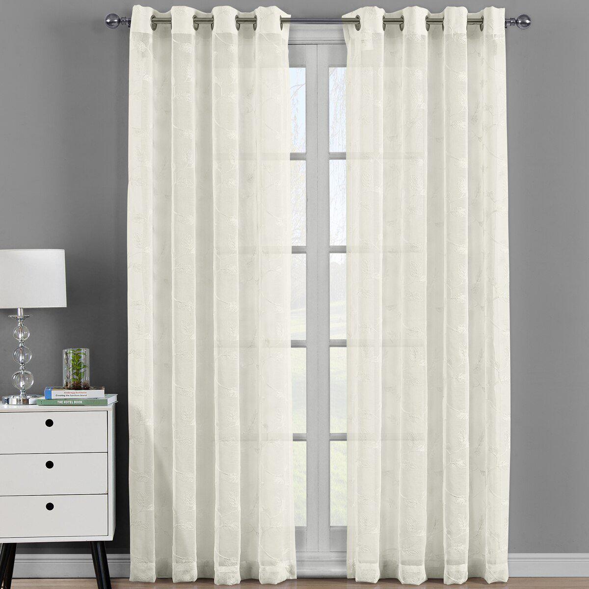 Brook Embroidered Grommet Top Sheer Window Curtain Pair (Set of 2)