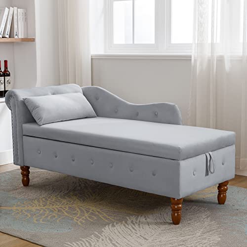 Gray Velvet Upholstered Lounge Chair with Storage and Pillow K176