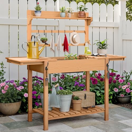 Outdoor Potting Bench Table with Sink & Sliding Top, Wooden Garden Workbench with Storage Shelves V8500