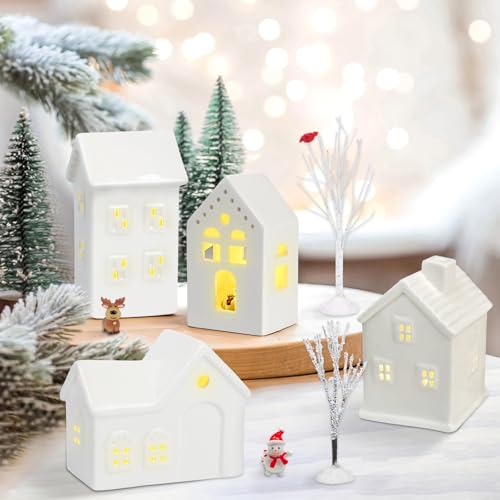 30 Pcs LED Christmas Village Set, 8 Ceramic Christmas Village Houses 17 Xmas Trees 2 Lamp Post with Snowman Santa Claus Deer H88195