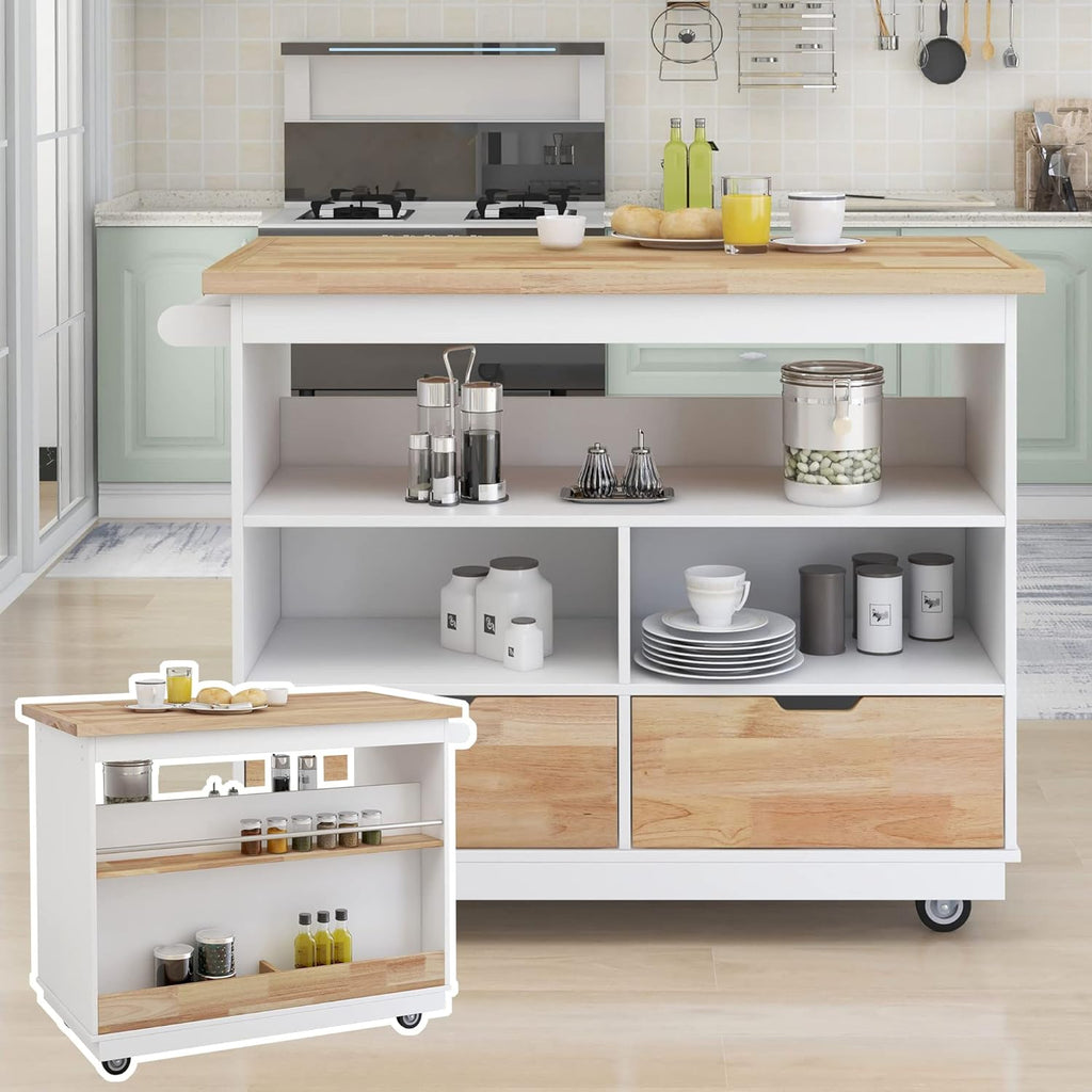 White Rolling Kitchen Island with RubberWood Top, 2 Drawers N794