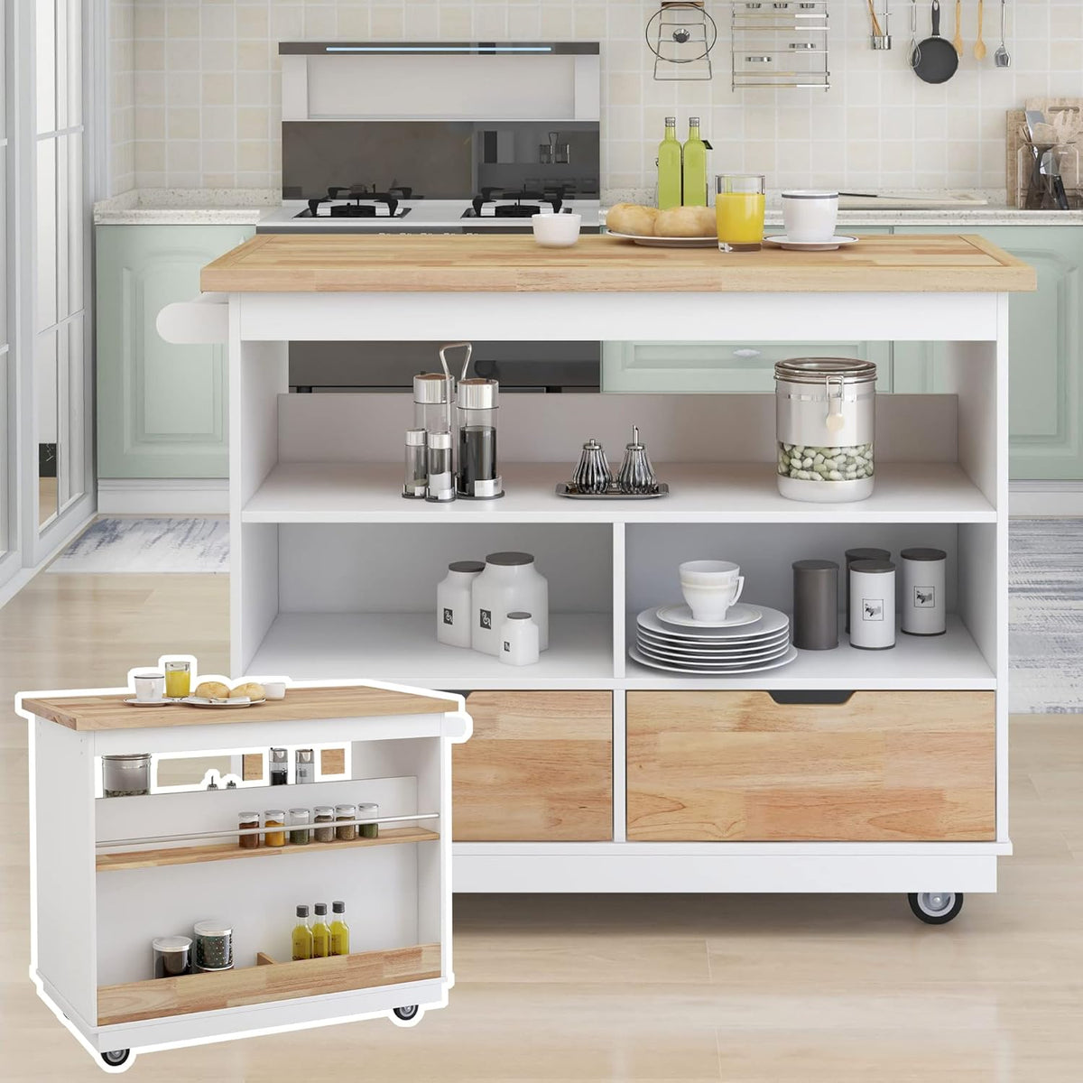 White Rolling Kitchen Island with RubberWood Top, 2 Drawers N794