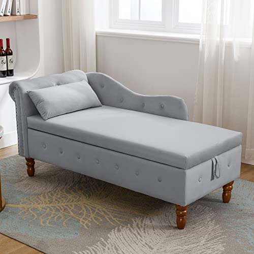 Gray Velvet Upholstered Lounge Chair with Storage and Pillow K176