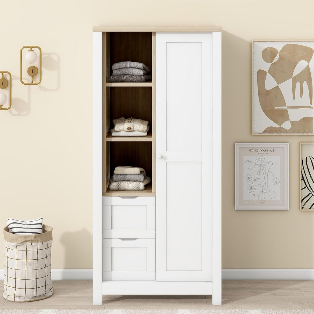 White Freestanding Wooden Armoire Wardrobe with 1 Sliding Door and 2 Drawers R690851
