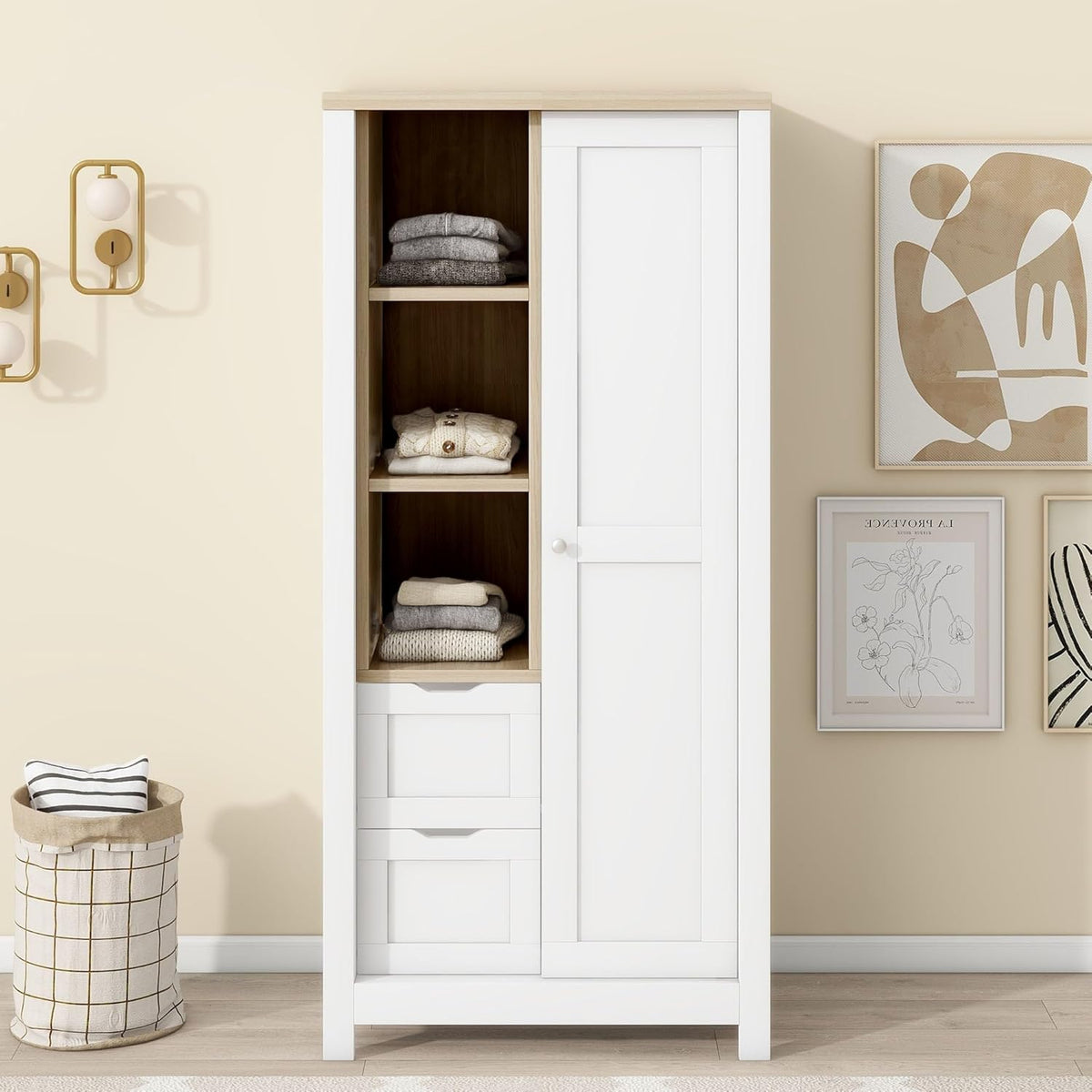 White Freestanding Wooden Armoire Wardrobe with 1 Sliding Door and 2 Drawers R690851