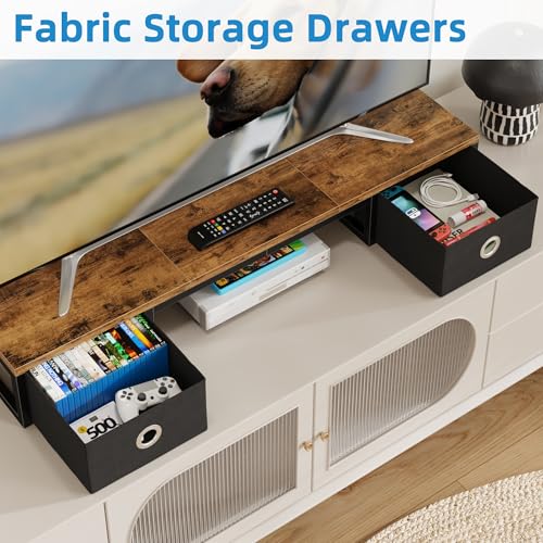 Rustic Brown TV Riser with Fabric Drawers and Steel Legs Q798617