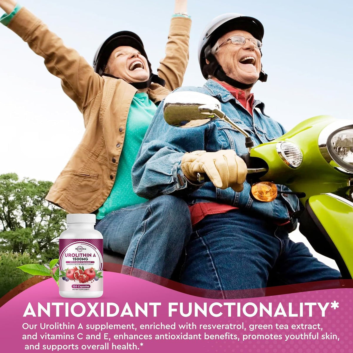 Urolithin A Supplement 1000 mg with Resveratrol, Pomegranate Extract, Green Tea, Vitamin C, E, 120 Capsules U7415