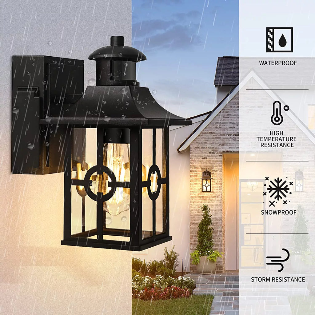 Outdoor Motion Sensor Porch Light with 2 GFCI Outlets Dusk to Dawn Wall Light Waterproof Aluminum G73150