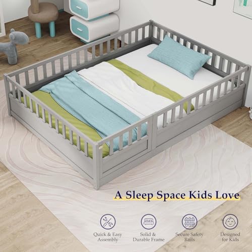 Full-White Wood Kids Floor Bed with Safety Guardrails I23244