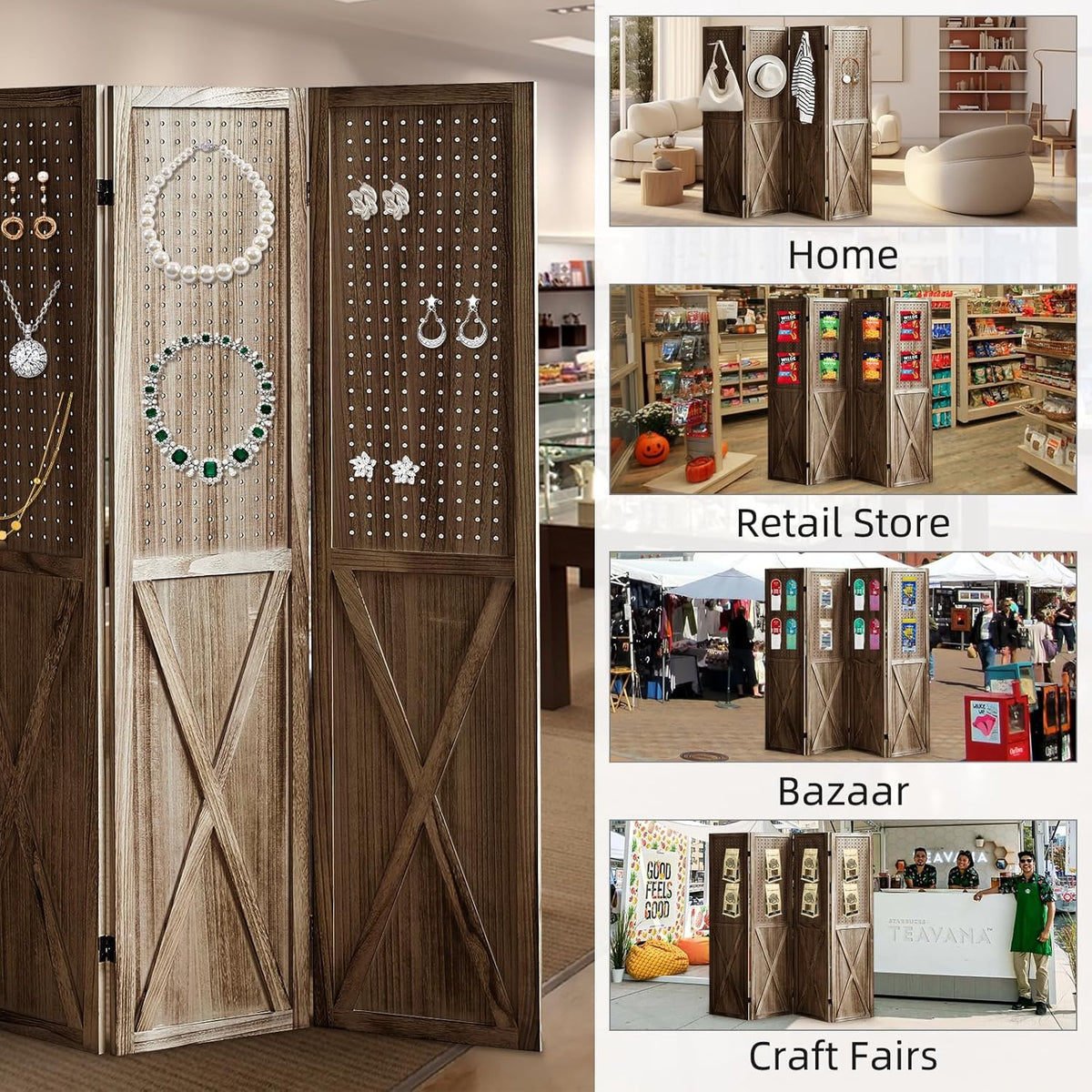 Brown 4 Panel Folding Pegboard Room Divider M195935