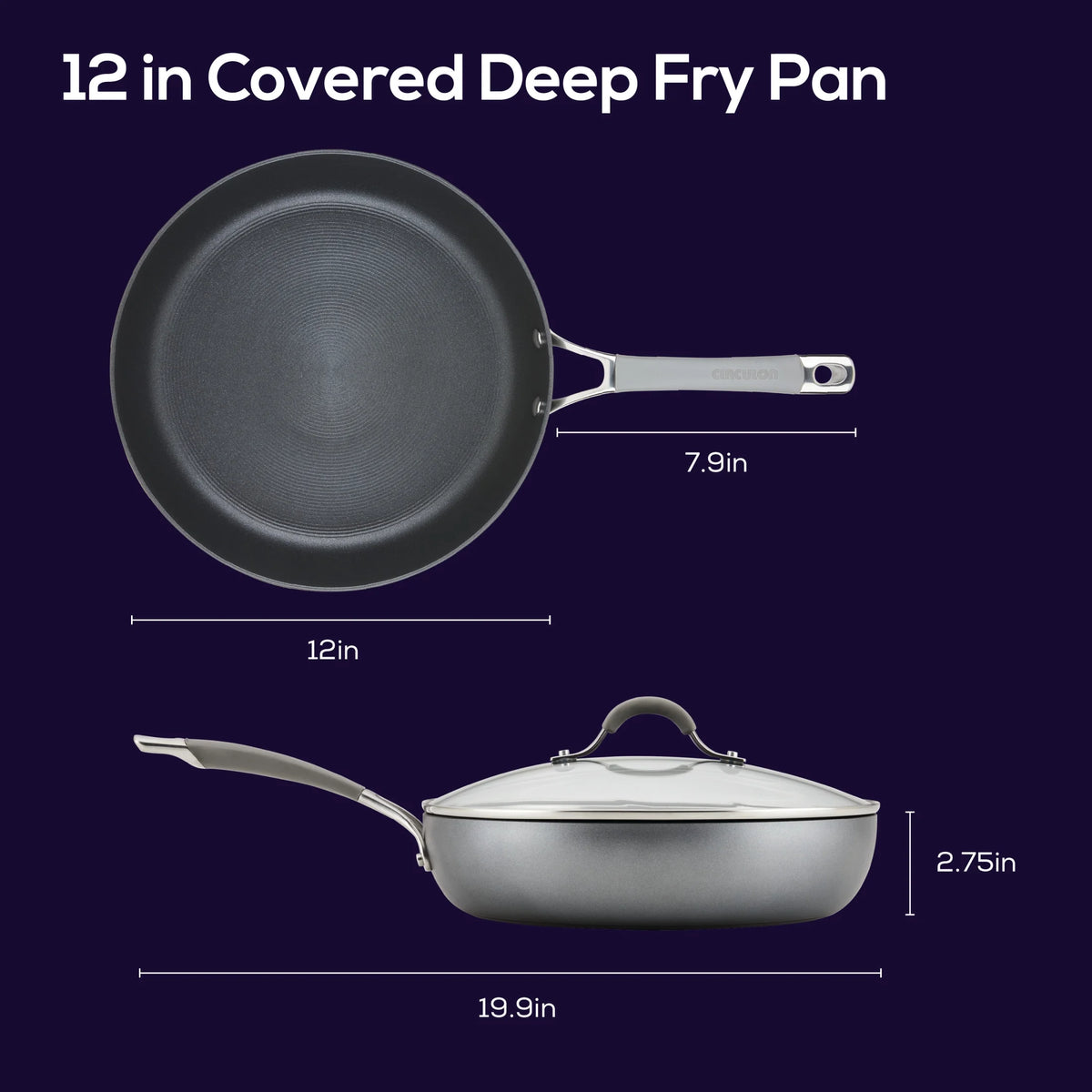 12 inch Hard-Anodized Nonstick Deep Frying Pan with Lid, Gray R440