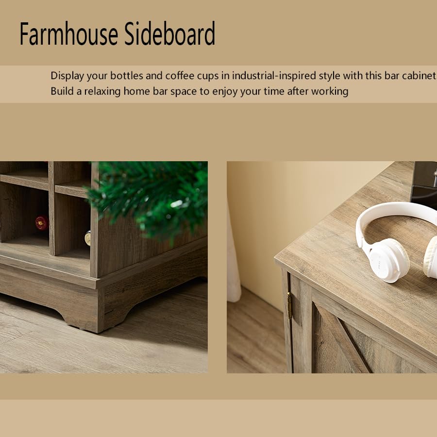 Gray Wash Farmhouse Coffee Bar Cabinet with Drawer and Sliding Barn Door T543171