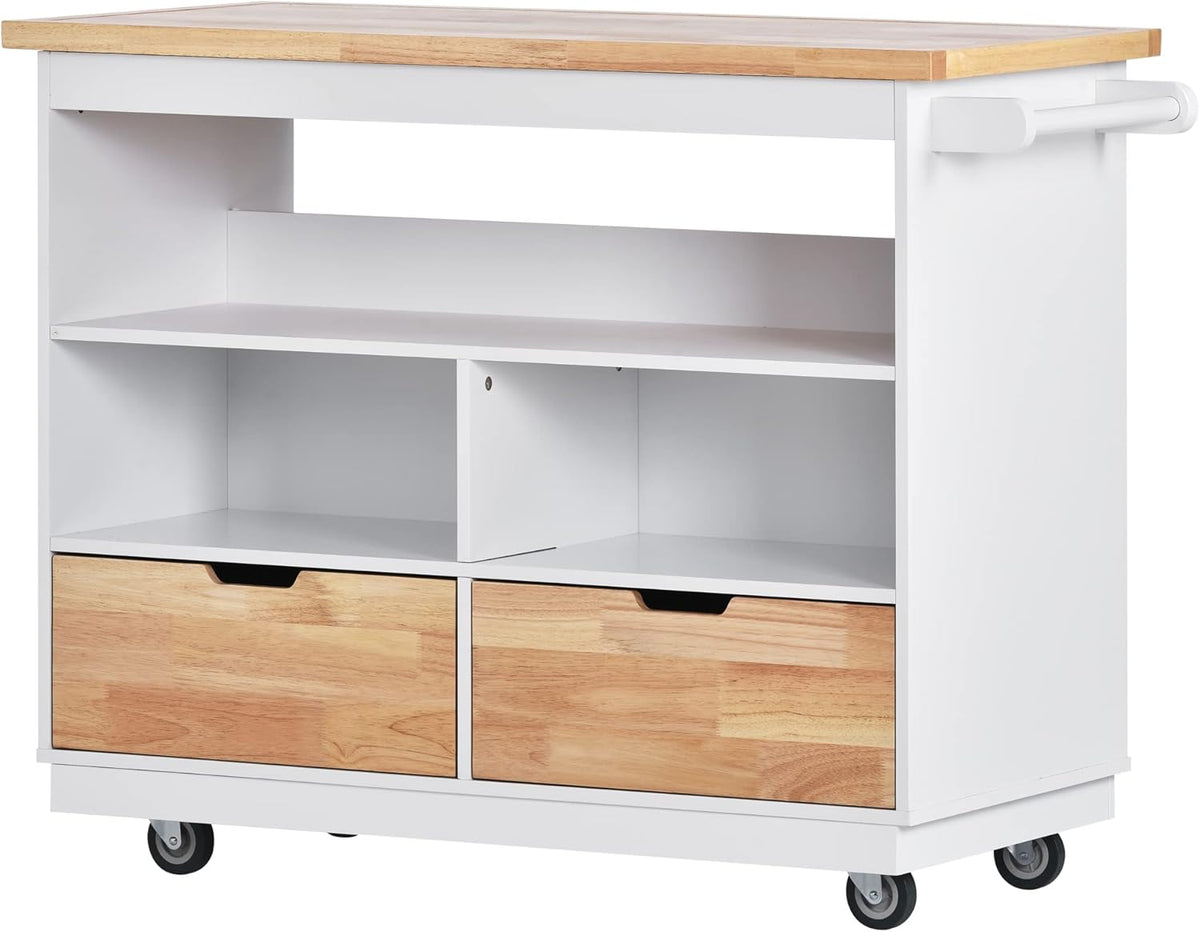 White Rolling Kitchen Island with RubberWood Top, 2 Drawers N794