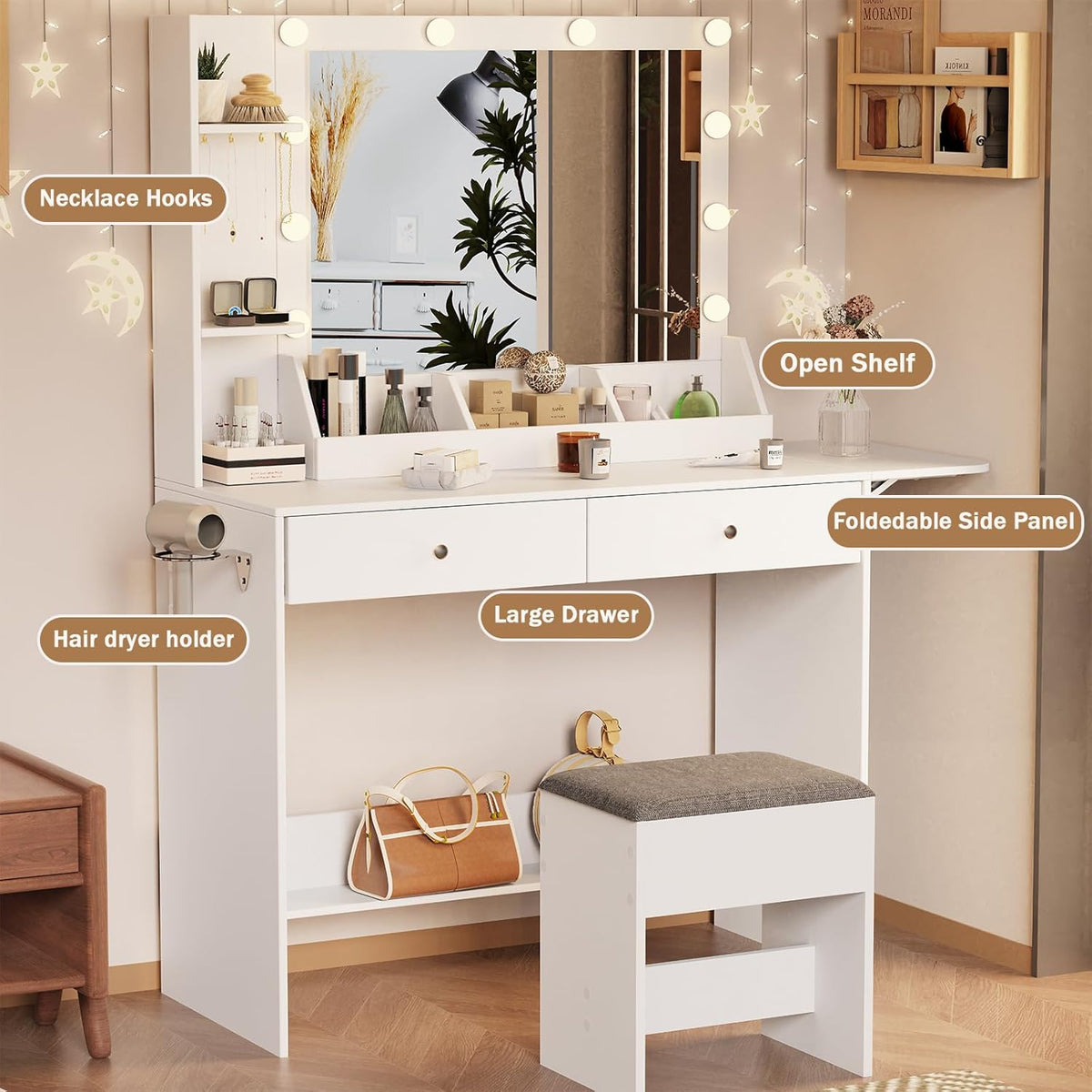 White Makeup Vanity Desk with Lights and Charging Station, 2 Drawers & Cushioned Stool L439226