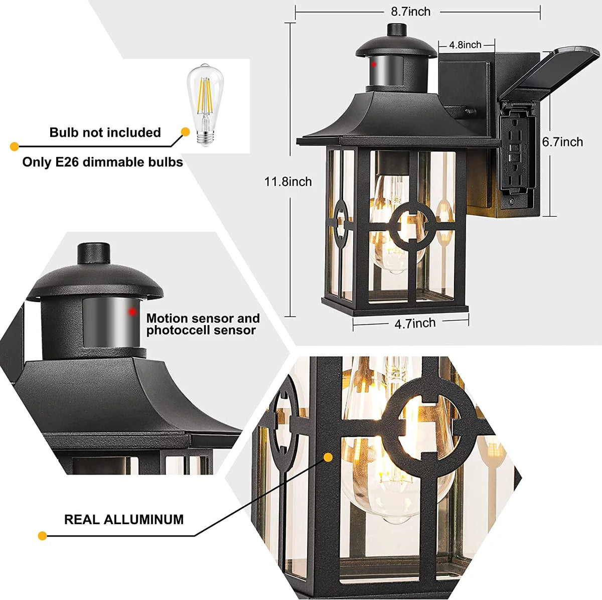 Outdoor Motion Sensor Porch Light with 2 GFCI Outlets Dusk to Dawn Wall Light Waterproof Aluminum G73150