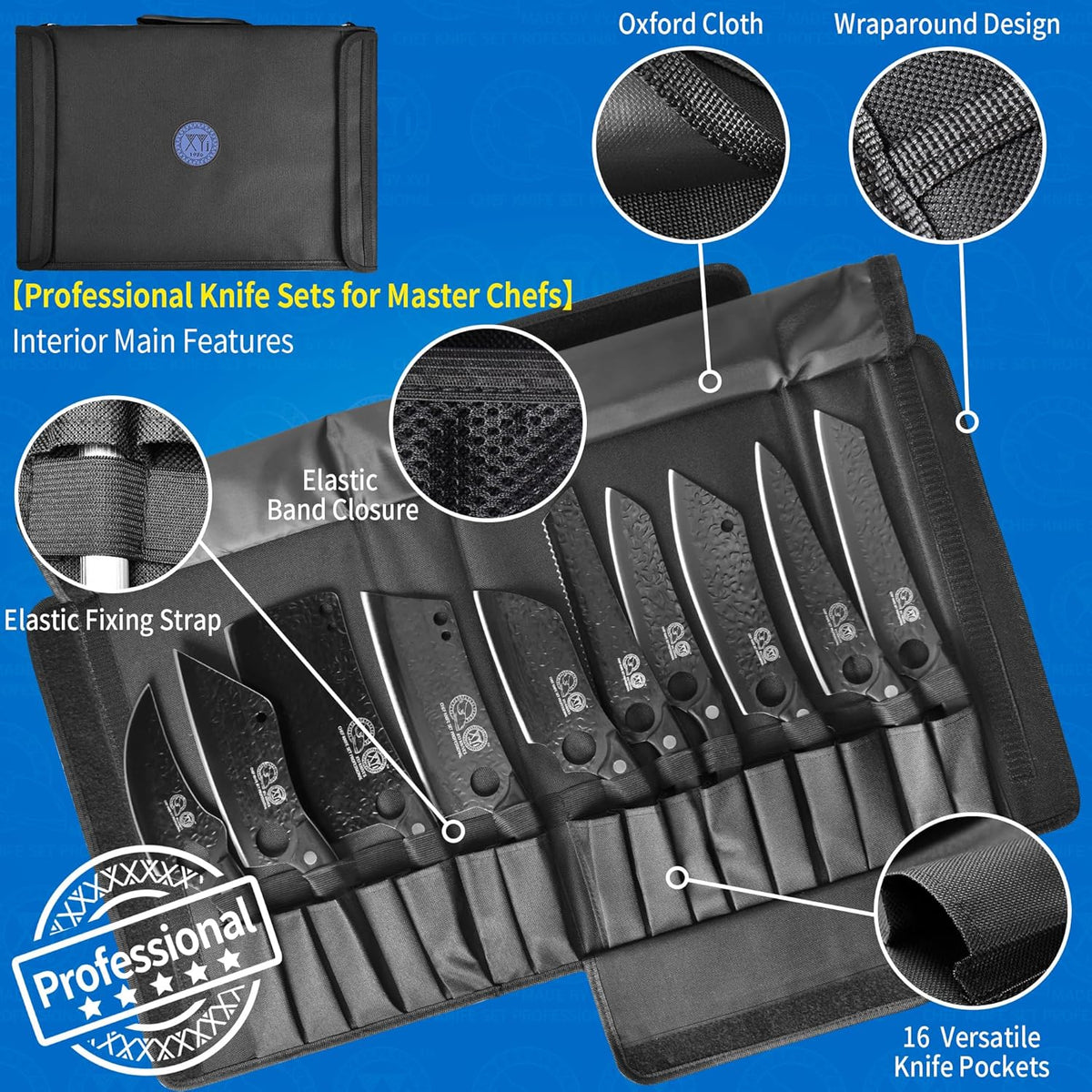 Professional Kitchen Knife Set with High-Carbon Steel Forged Blades, Chef's Knife, Cleaver, Carving Knife, Nakiri, Includes Carrying Bag & Poultry Scissors X8898