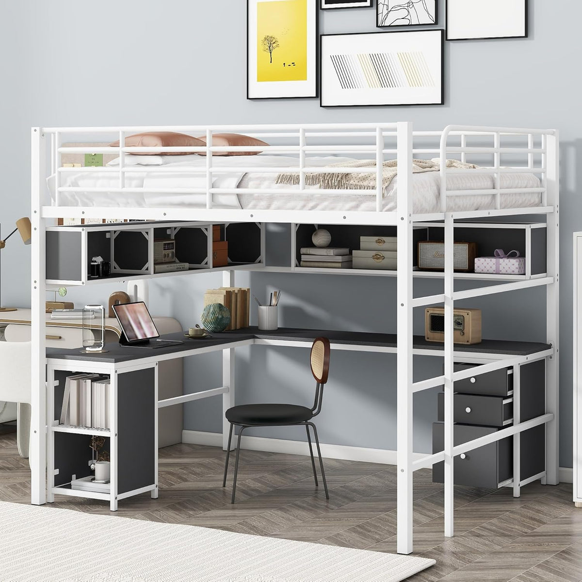 White Full Metal Loft Bed with Bookcase Desk Cabinet P31919
