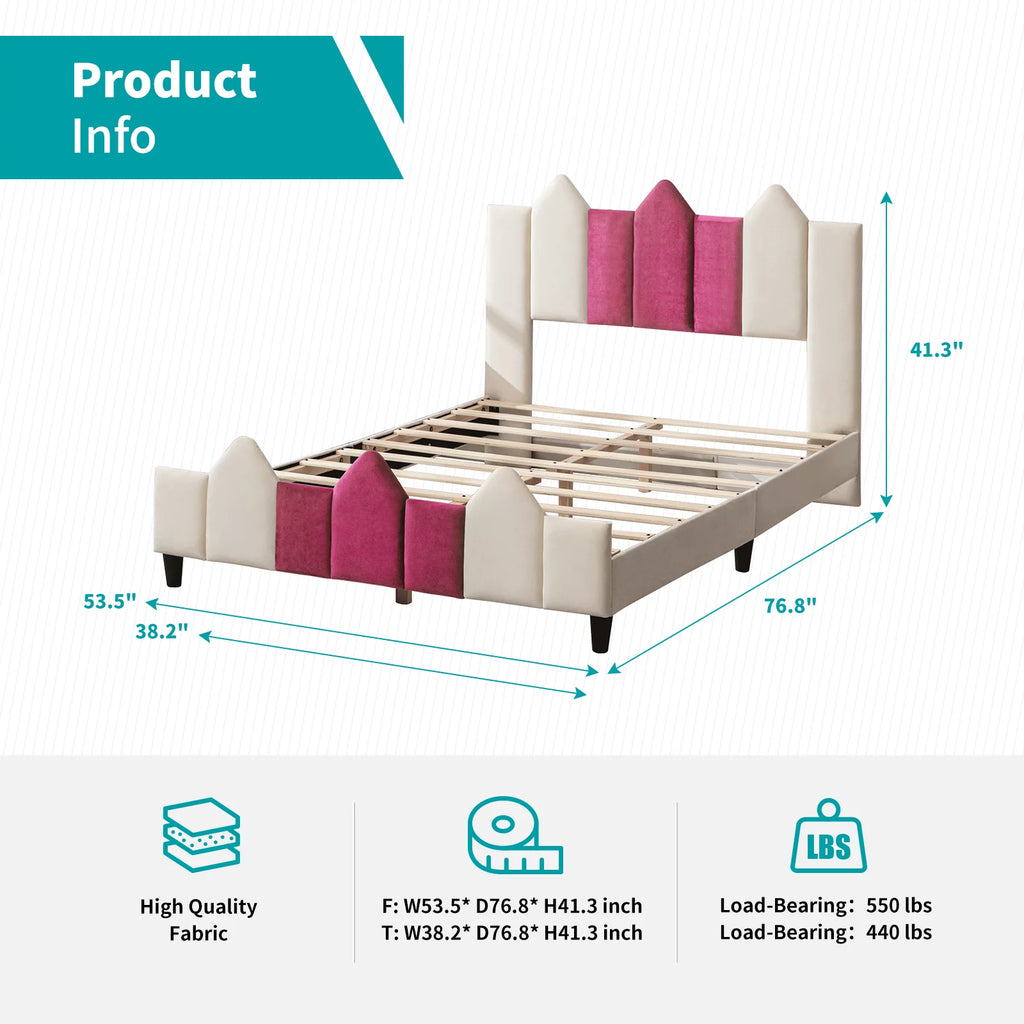 Pink and White Upholstered Twin Platform Bed Frame with Headboard N795036
