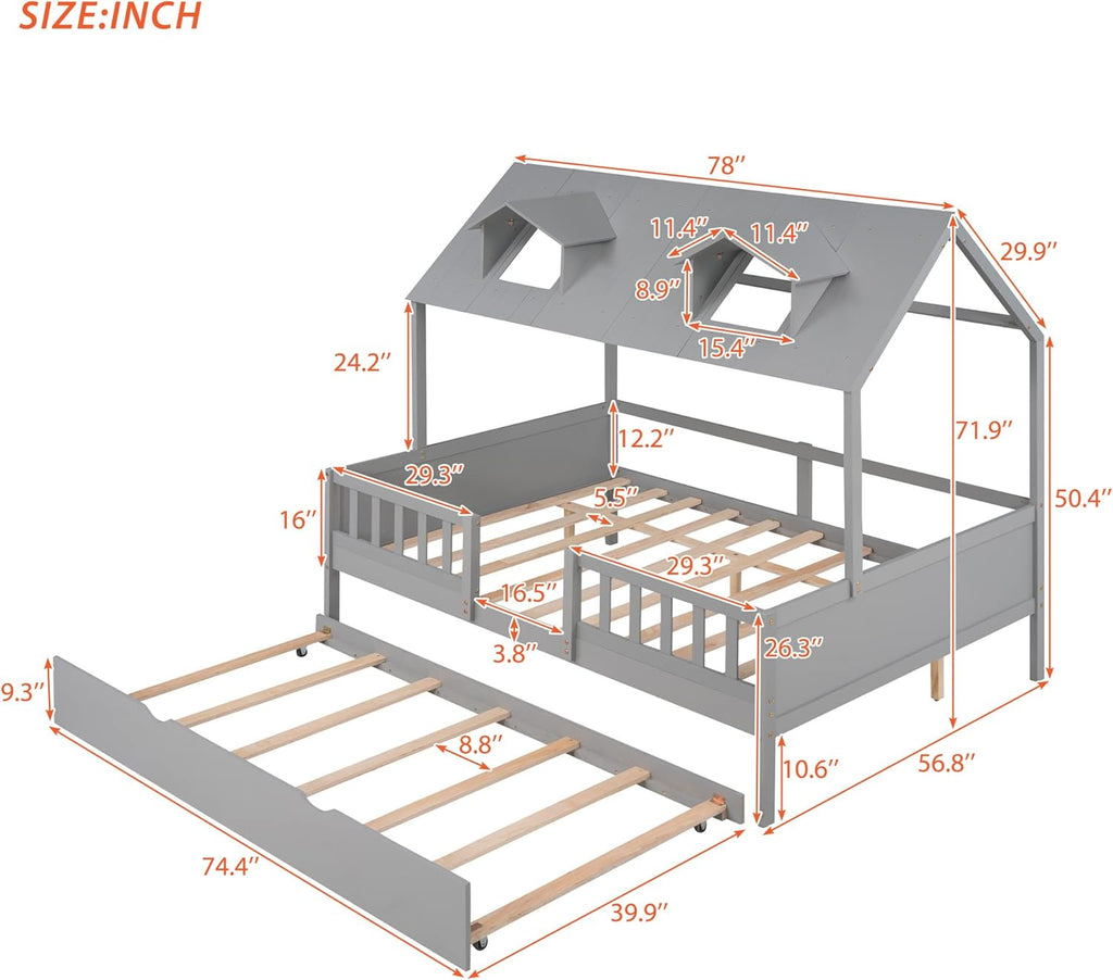 Grey Double Bed Wood Frame with Safety Bar T7862