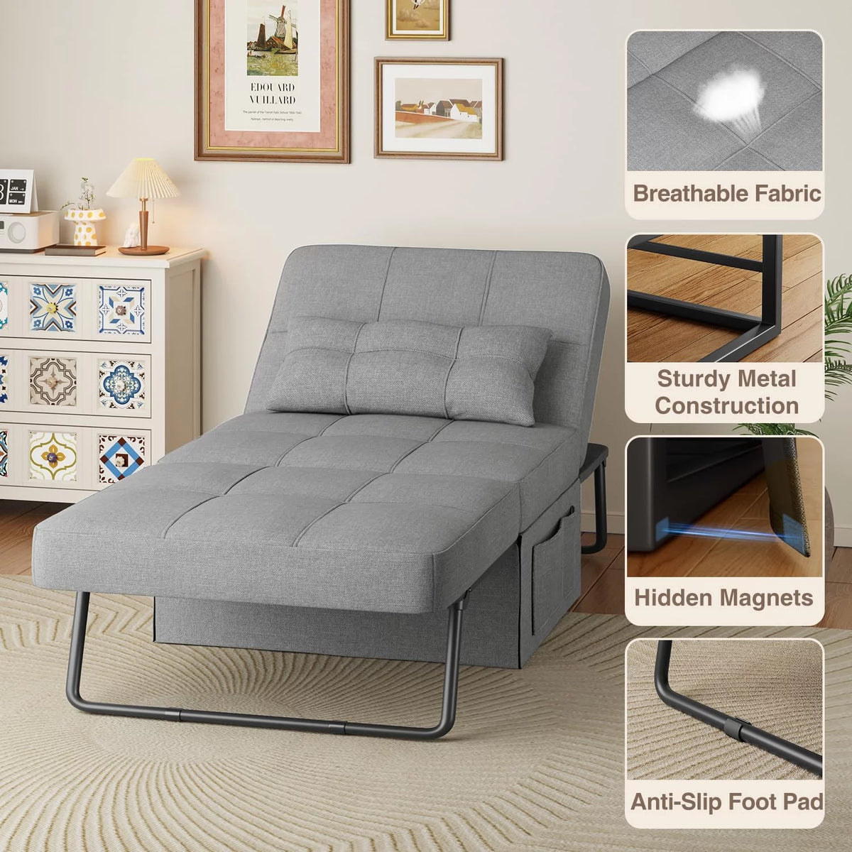 Light Grey 4 in 1 Convertible Sofa Bed with Adjustable Backrest B2785
