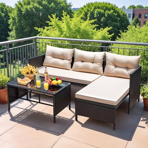 Beige 3-Piece Rattan Outdoor Sectional Sofa with Cushion Glass Table I657893